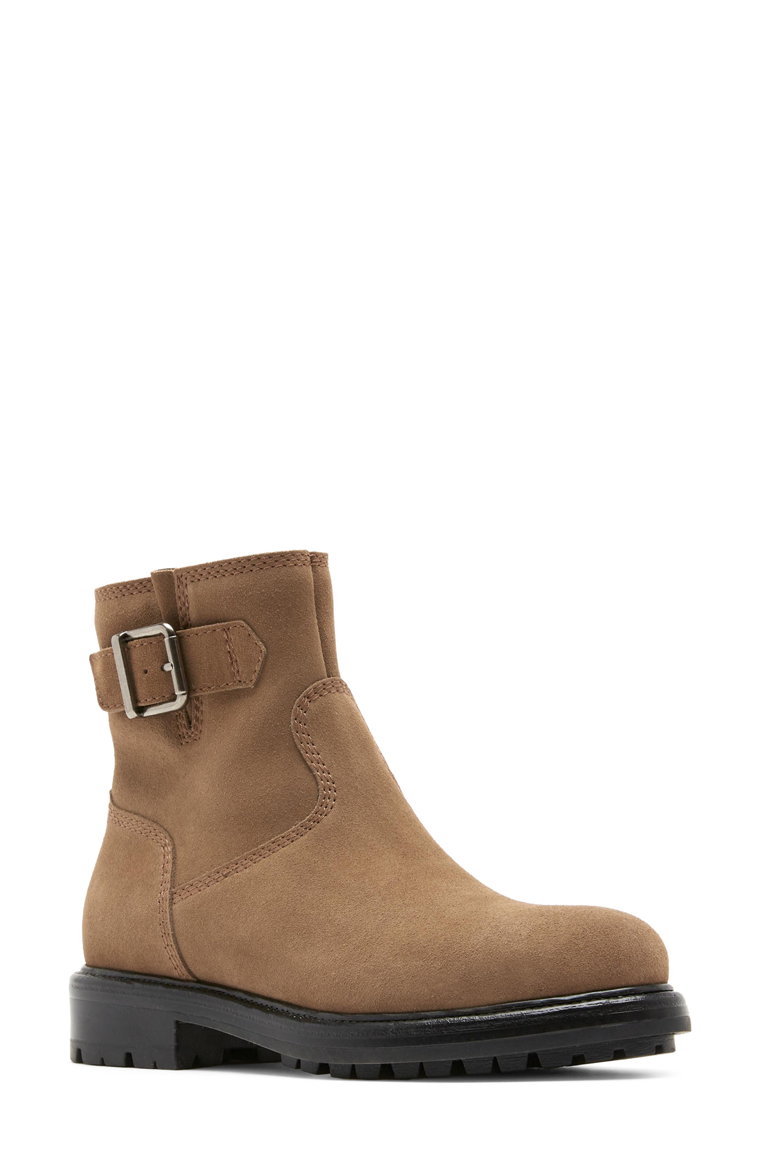 Whole Leather Genuine Shearling Bootie, Main, color, TOAST SUEDE