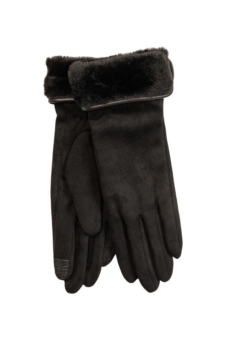 Stretch Suede Fold-Up Faux Fur Cuff Gloves, Alternate, color, Black