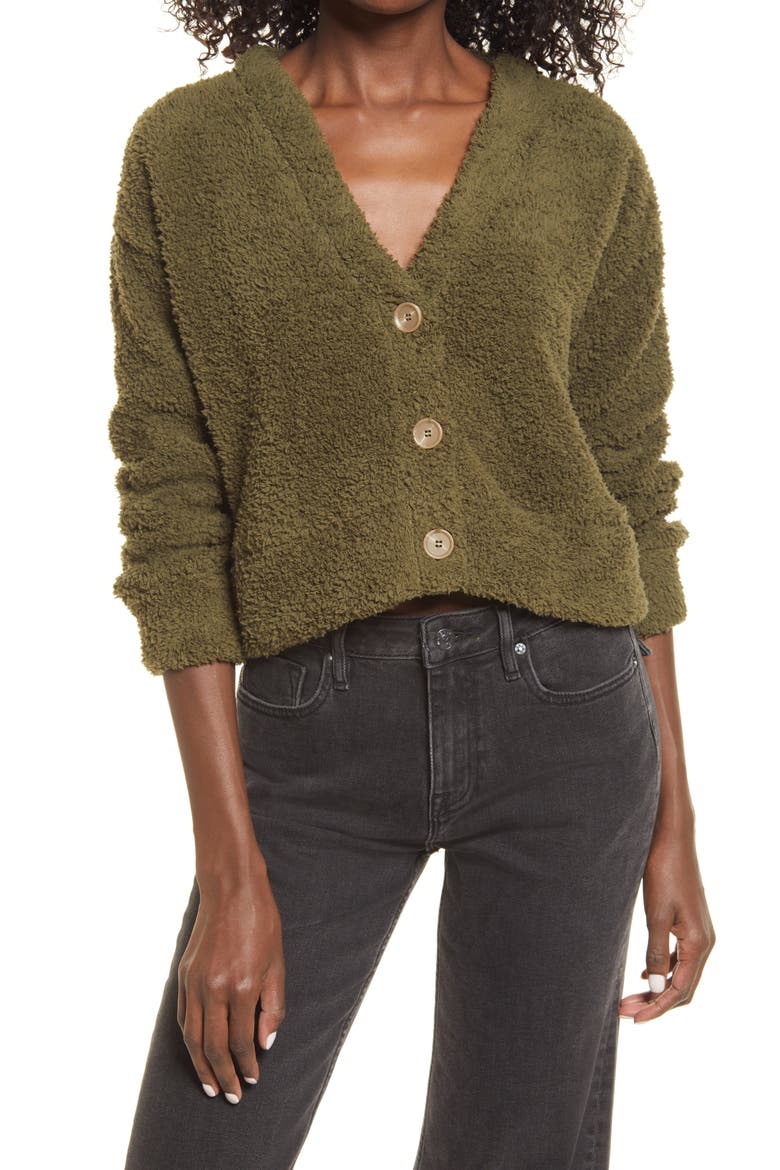 Cozy Fleece Cardigan, Main, color, OLIVE NIGHT