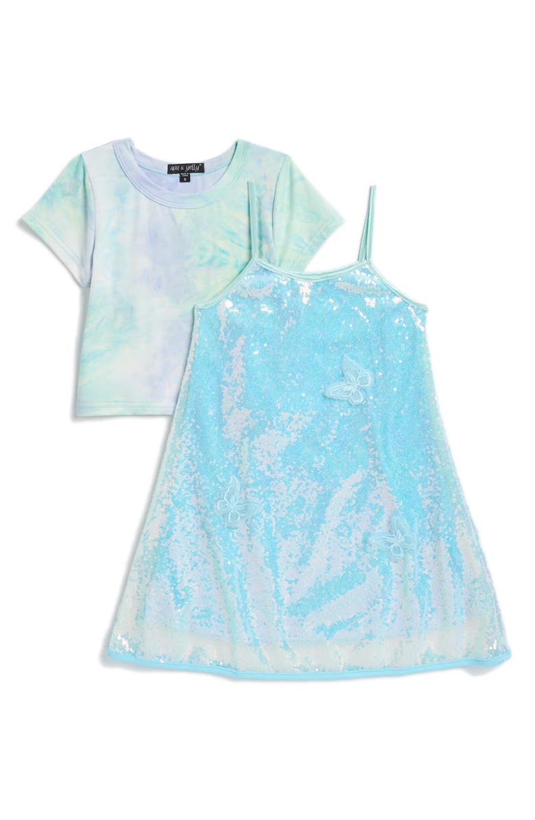 Ava & Yelly Kids' 3D Butterfly Sequin Dress & T-Shirt Set, Main, color, Blue