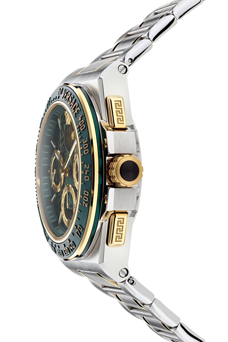 Greca Extreme Skeleton Dial Automatic Chronograph Bracelet Watch, 43mm, Alternate, color, GREEN/ TWO TONE