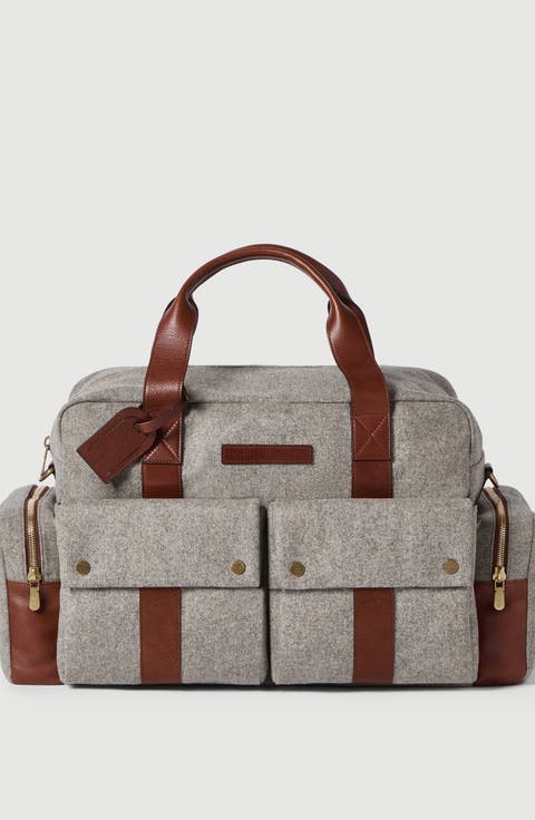 Virgin wool, alpaca and cashmere flannel leisure bag with grained calfskin inserts