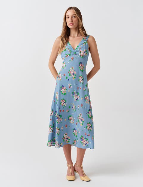 Elise Floral Pintuck Crepe Midi Dress