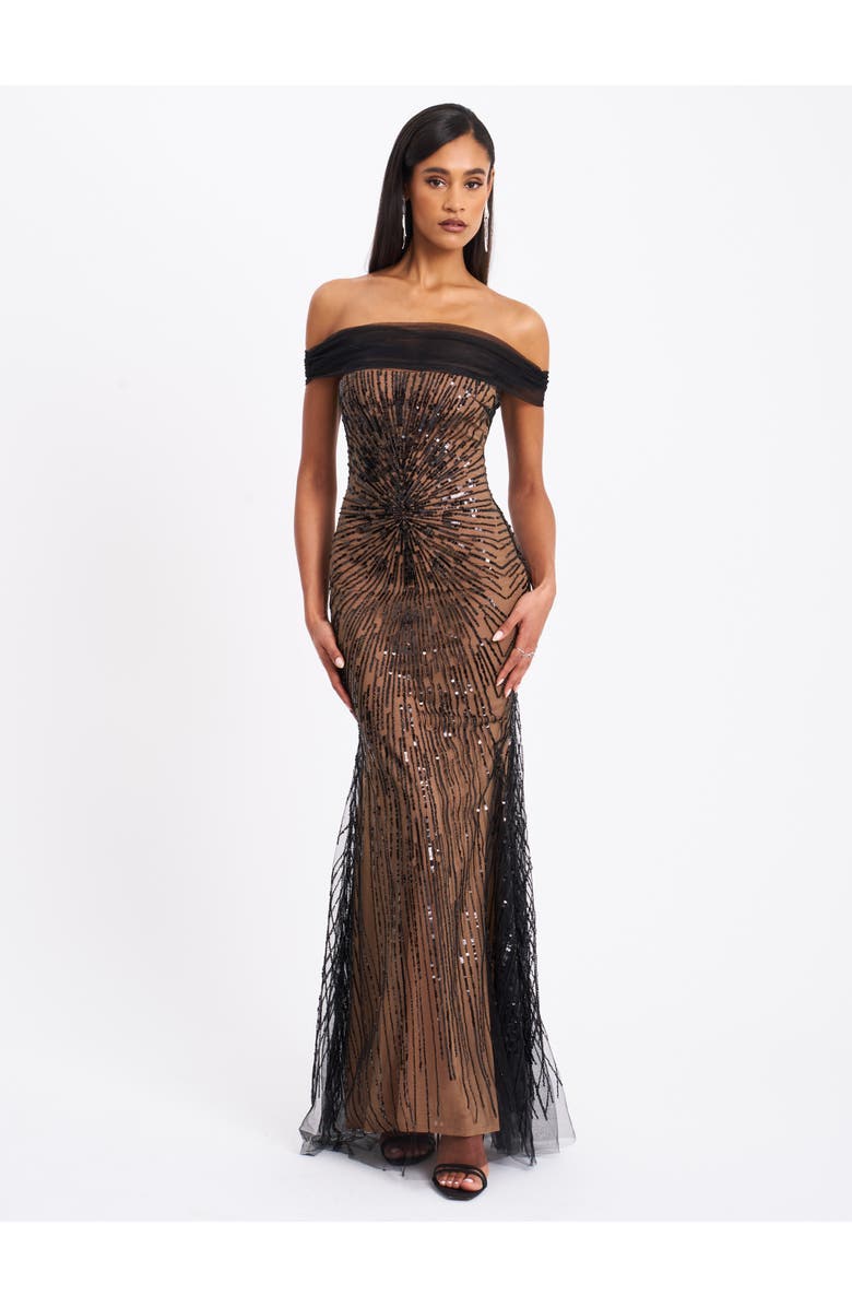 Miss Circle Qeturah Embroidered Sequin Off Shoulder Mesh Gown, Main, color, Black