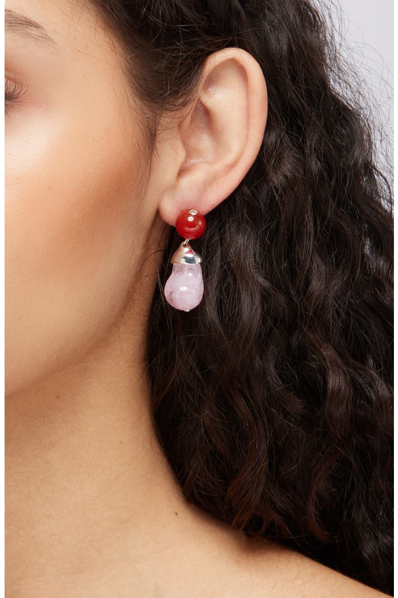 Beaded Drop Earrings, Alternate, color, PINK/ SILVER PLATED