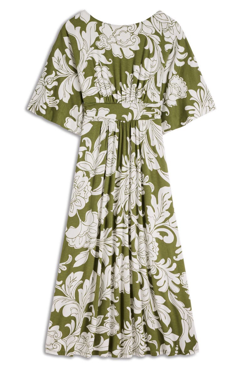 Imelda Floral Kimono Jersey Midi Dress, Alternate, color, OLIVE, BOTANICAL FLOURISH MONO