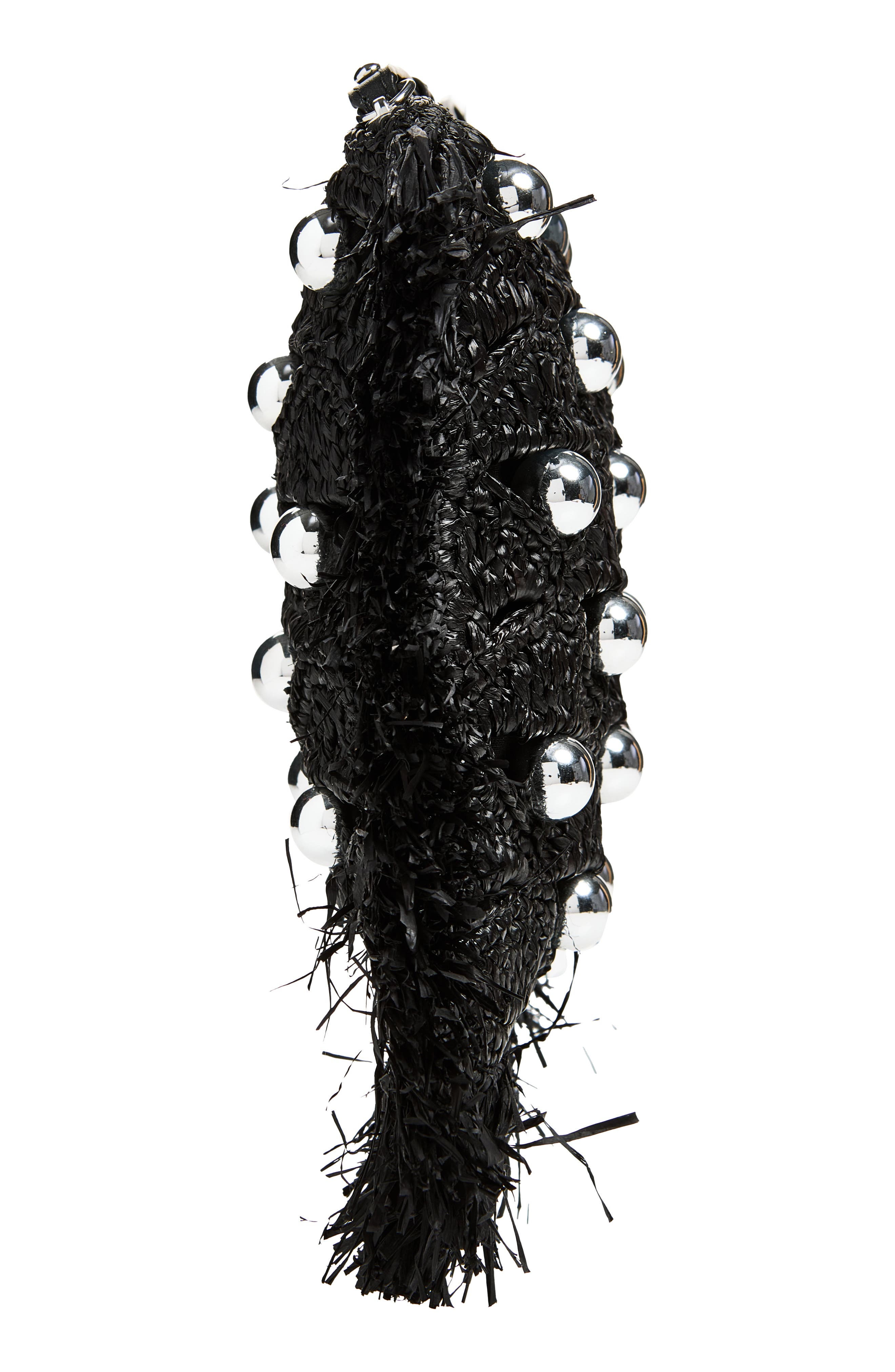 Bead Embellished Woven Raffia Pouch Wristlet, Alternate, color, BLACK / SILVER