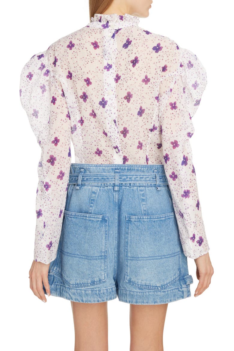 Floral Puff Shoulder Cotton & Silk Blouse, Alternate, color, WHITE