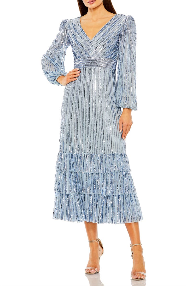 Mac Duggal Long Sleeve Deep V Tiered Ruffle Sequin Dress, Main, color, Slate Blue