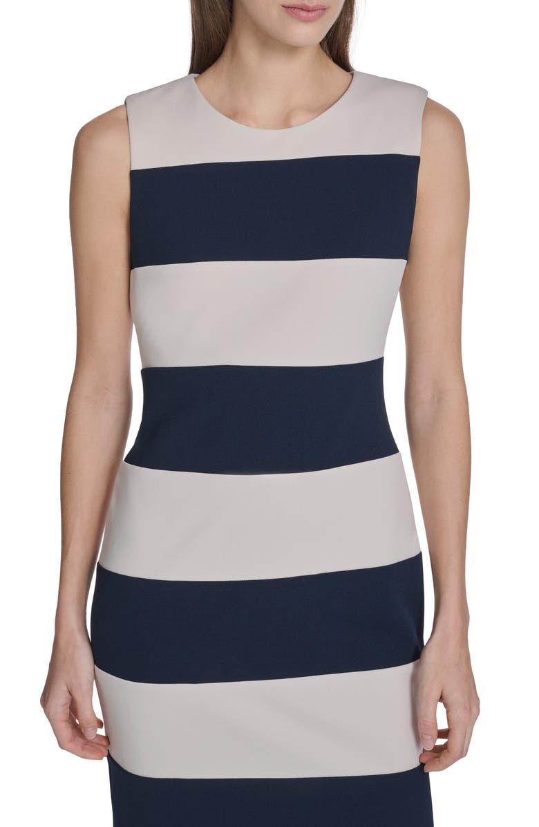 Calvin Klein Stripe Sleeveless Sheath Dress, Alternate, color, Indigo/ Stoney Beige