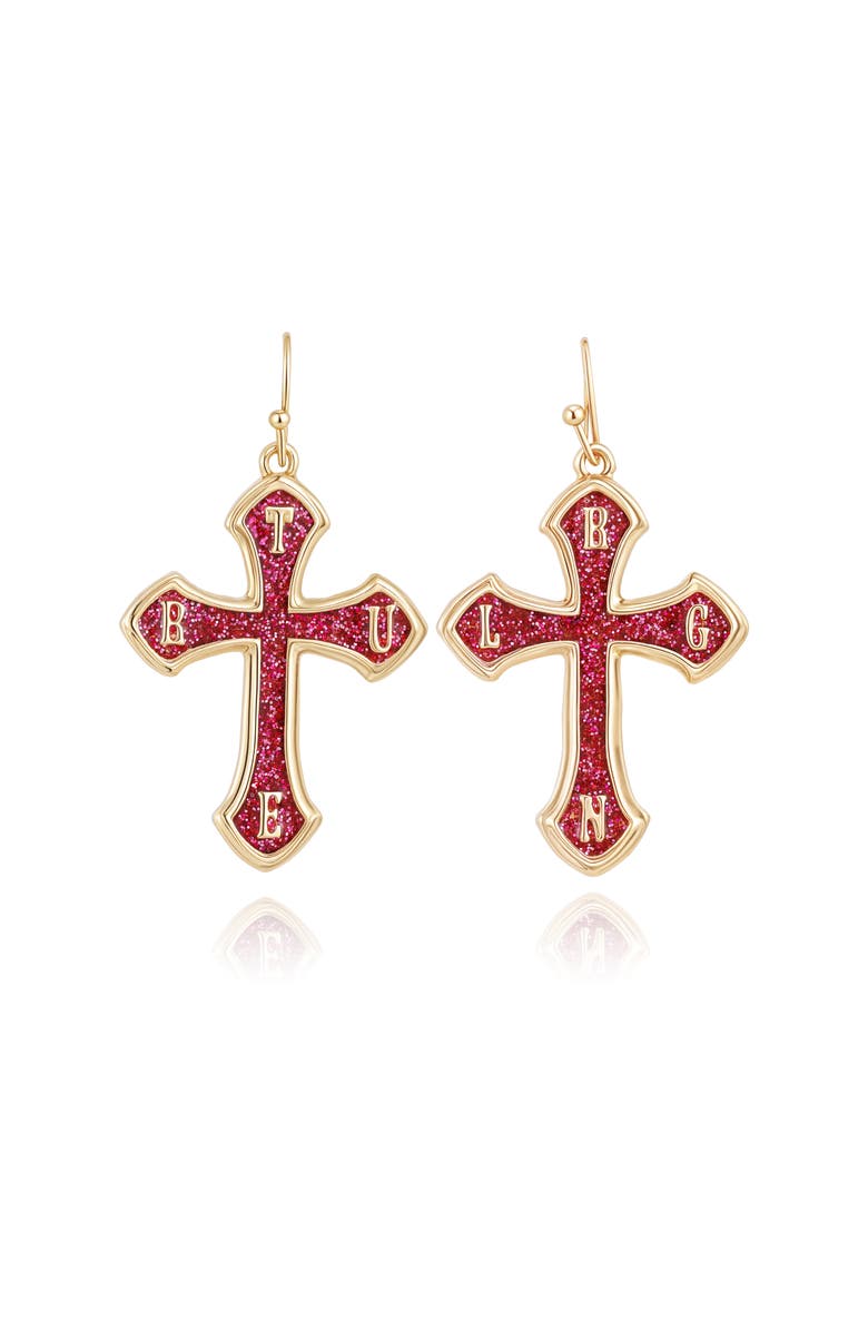 True Religion Black Logo Accent Hoop Earrings, Main, color, Goldtone