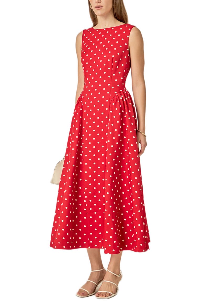 Dot Sleeveless Flare Midi Dress, Alternate, color, RED
