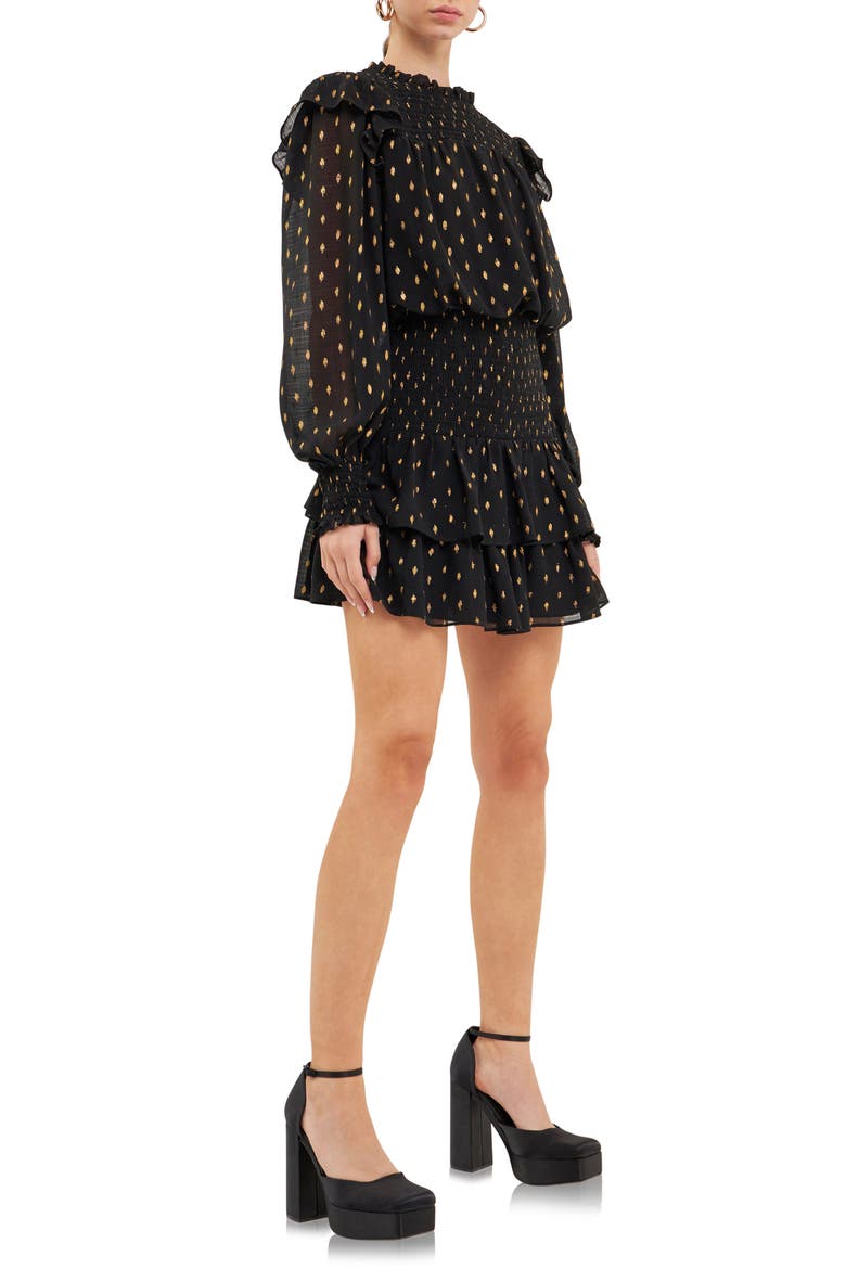 Metallic Dot Shirred Long Sleeve Chiffon Minidress, Alternate, color, BLACK