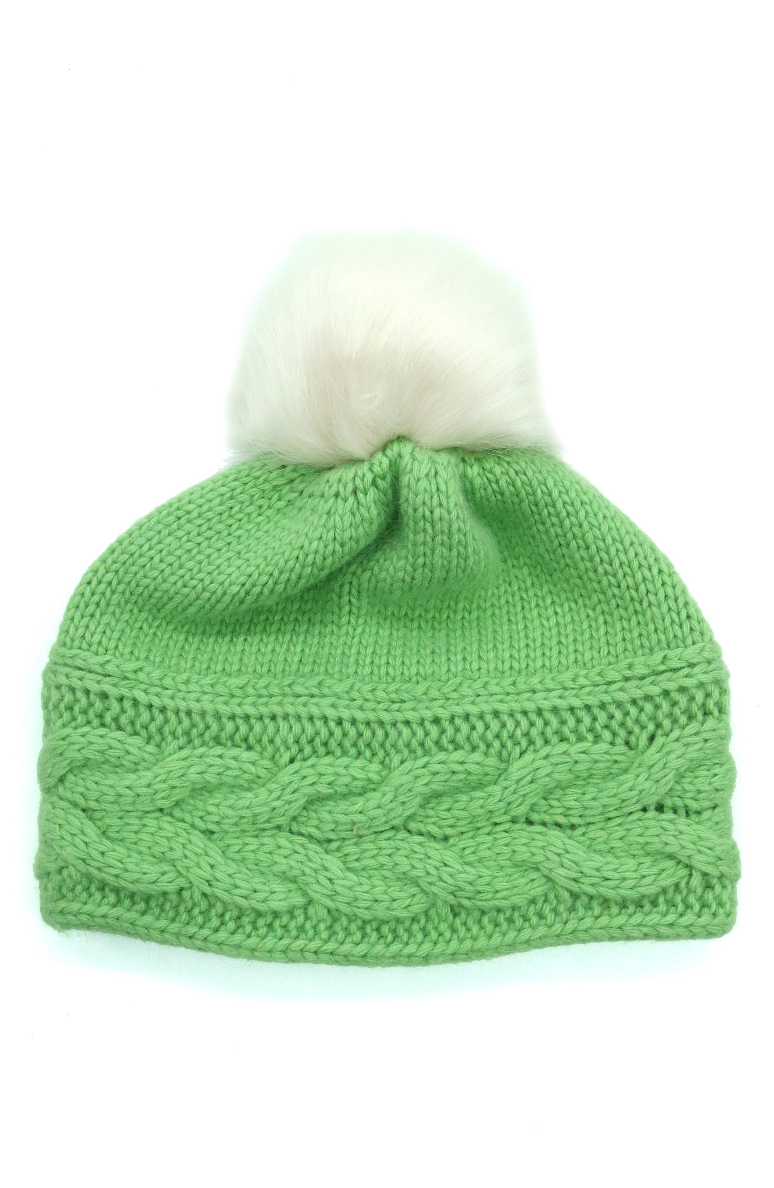Cable Knit Faux Fur Pompom Beanie
