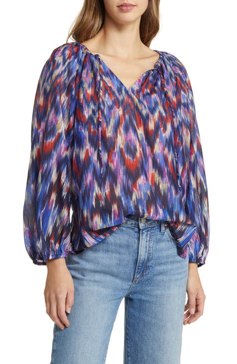 Ikat Cotton & Silk Split Neck Popover Top