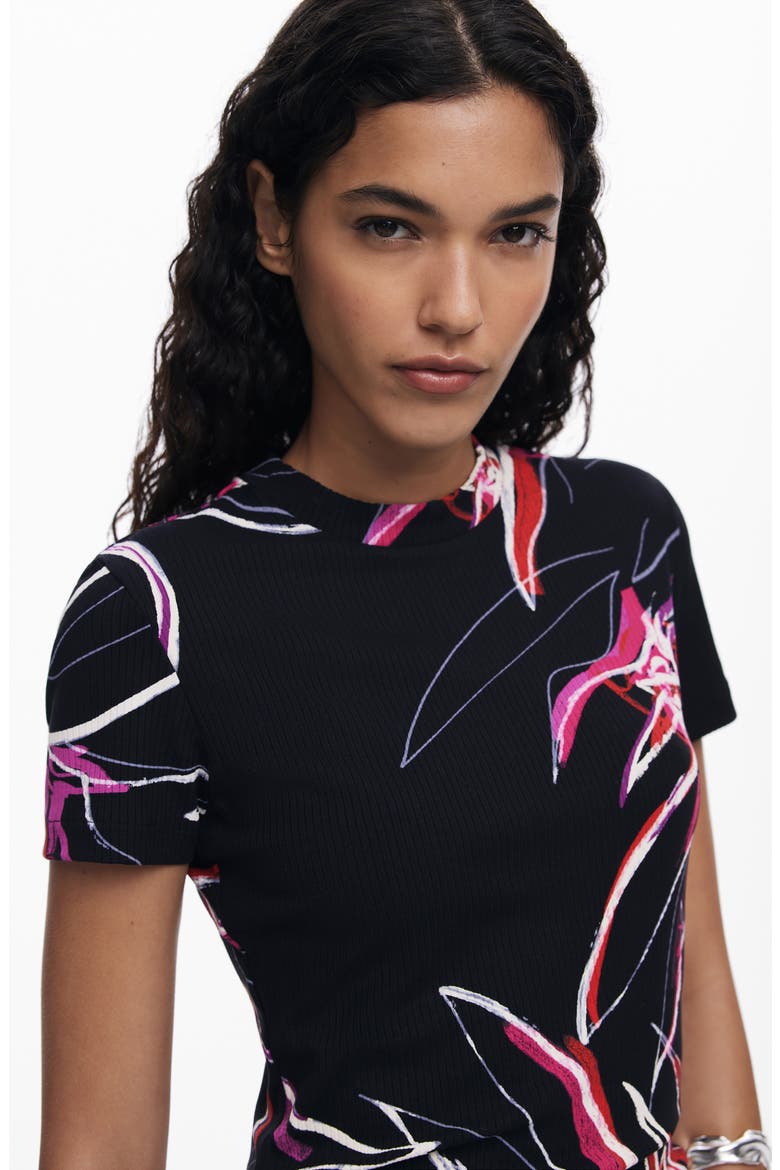 Floral Rib T-Shirt, Alternate, color, BLACK