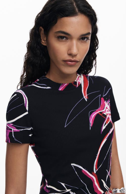 Desigual Floral Rib T-shirt In Black
