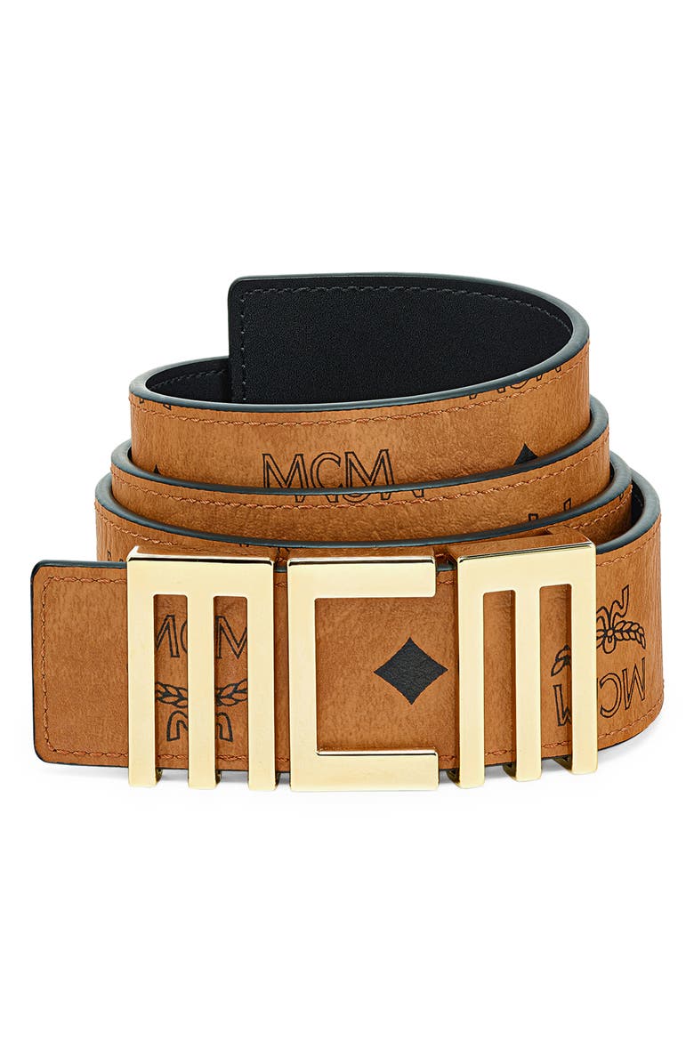 MCM Reversible Leather Logo Buckle Belt, Main, color, 
