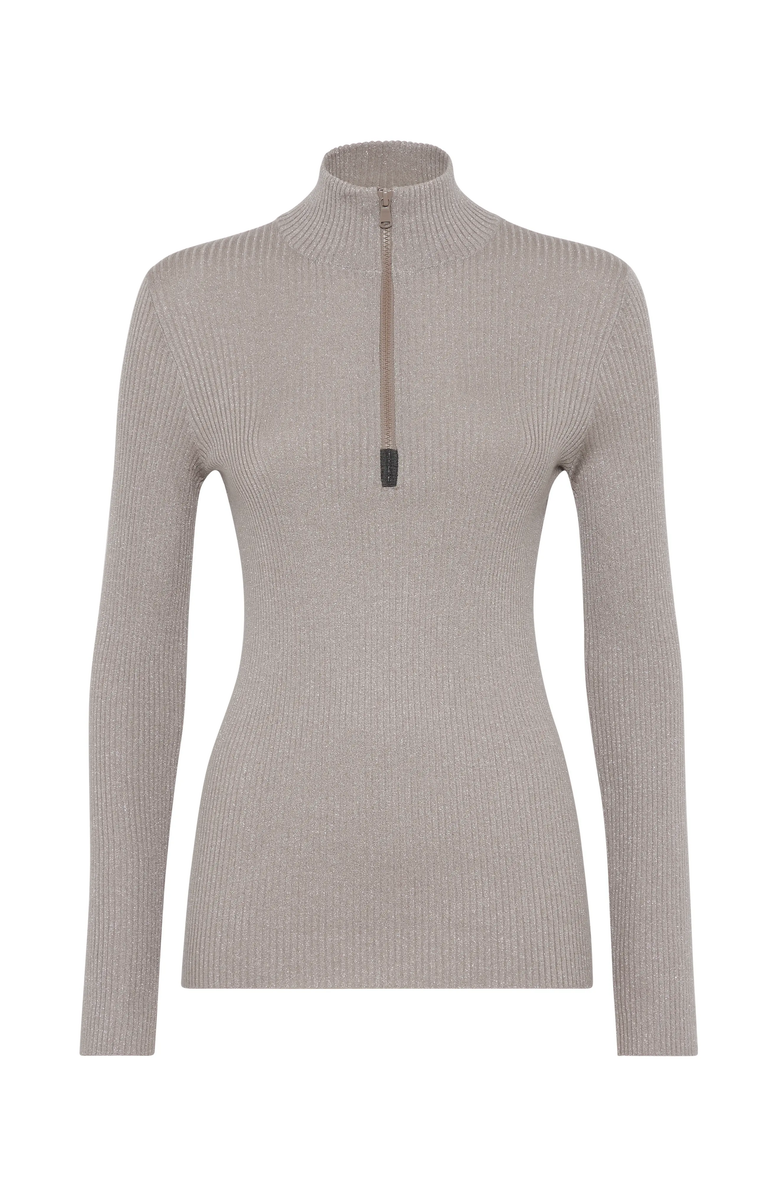Brunello Cucinelli Sparkling cashmere and silk rib knit lightweight sweater with half zip and shiny detail, Main, color, 