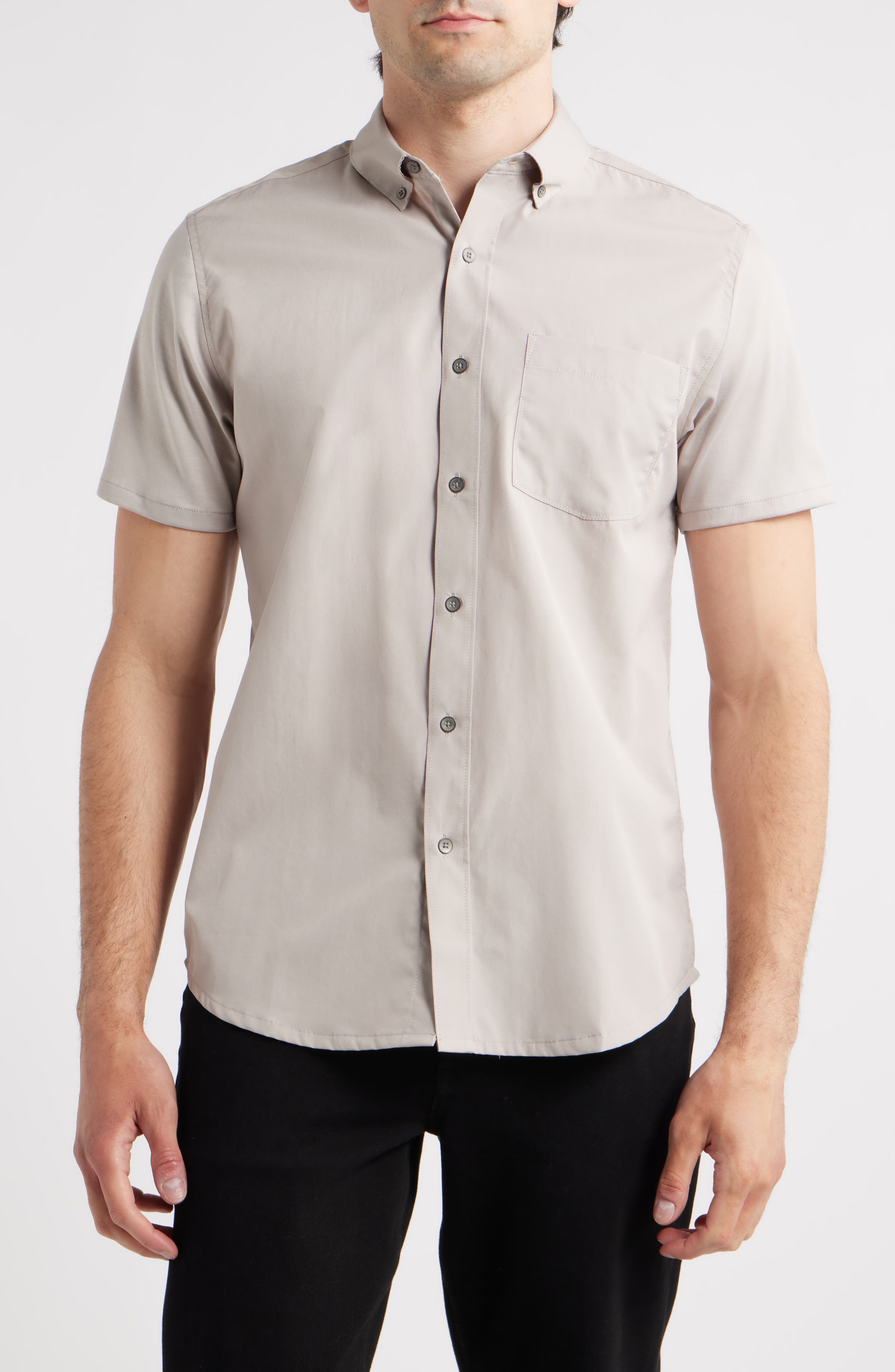 Hudson Reworked Slim Fit Solid Short Sleeve Cotton Button-Up Shirt - image 3