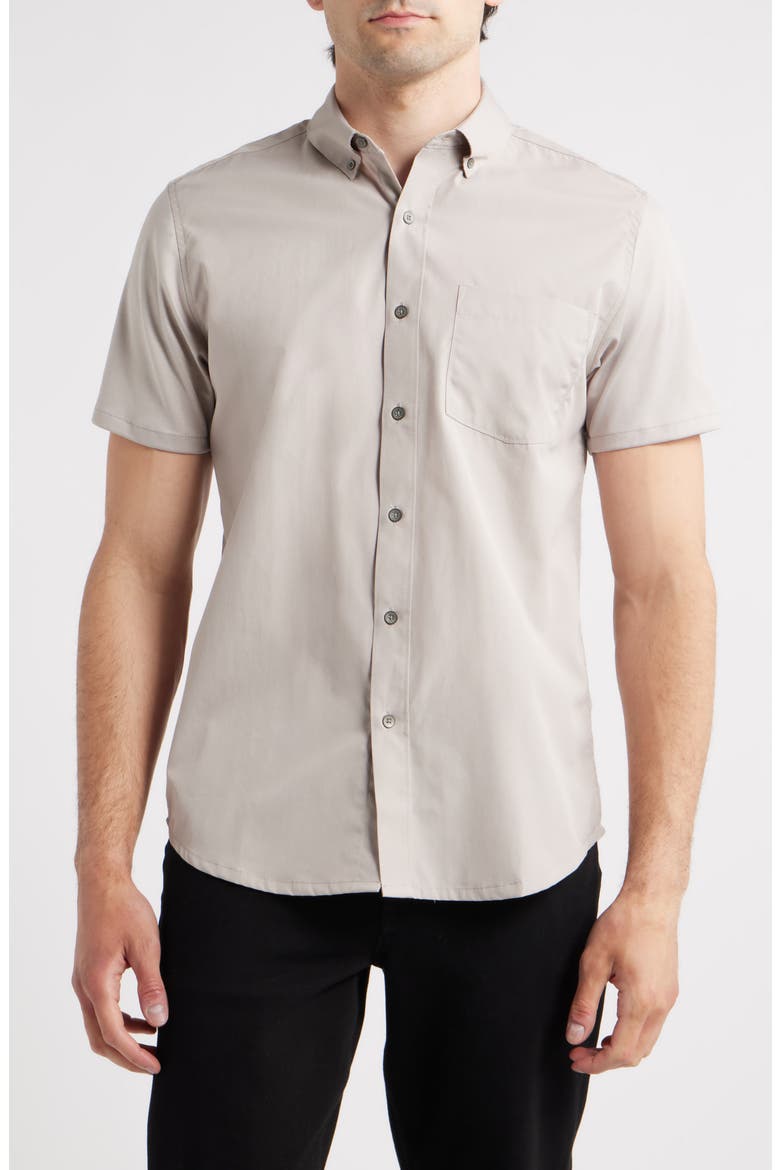 Hudson Reworked Slim Fit Solid Short Sleeve Cotton Button-Up Shirt, Main, color, STONE