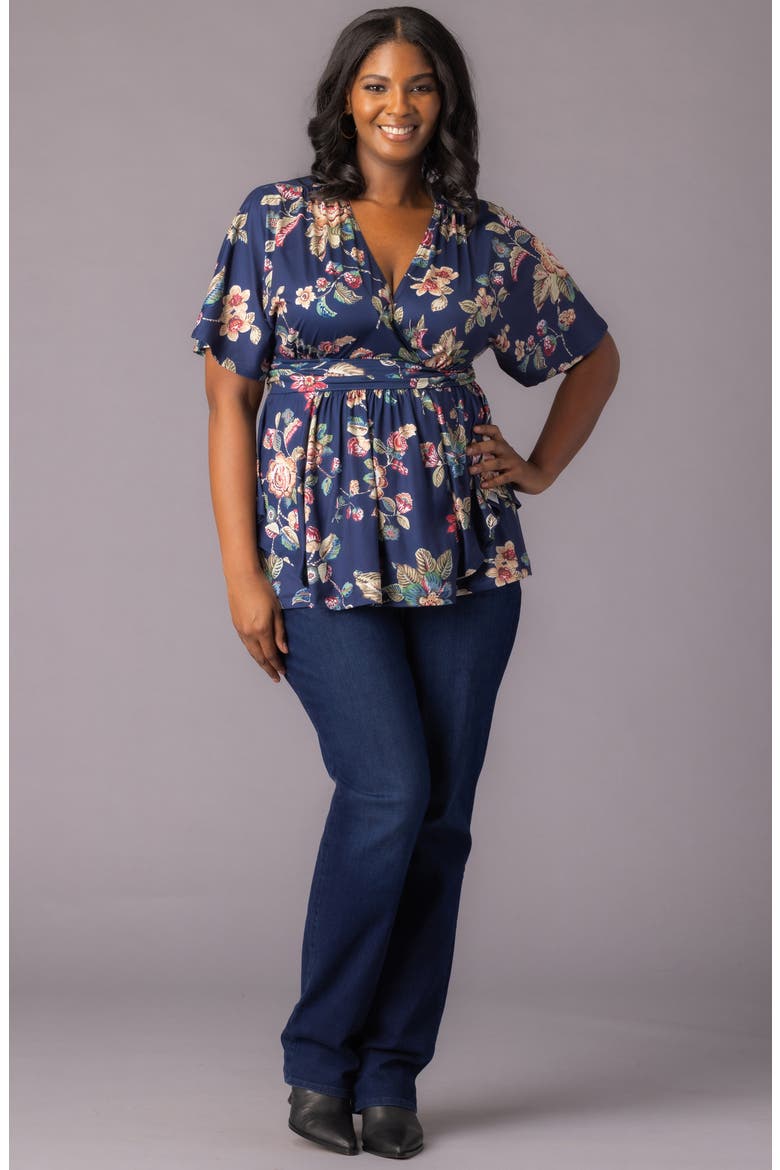 Encore Print Faux Wrap Top, Alternate, color, NAVY FLORAL MOTIF