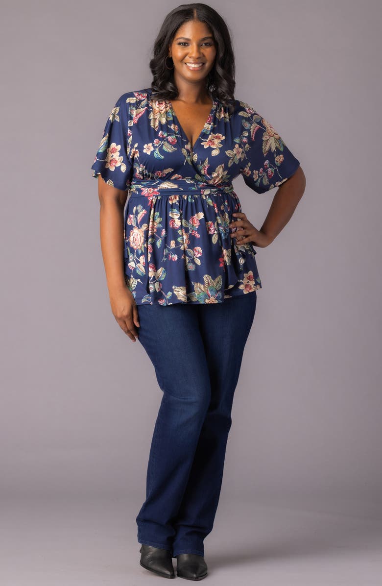 Kiyonna Encore Print Faux Wrap Top, Alternate, color, Navy Floral Motif