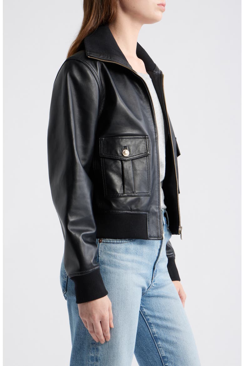 Short Leather Jacket, Alternate, color, BLACK