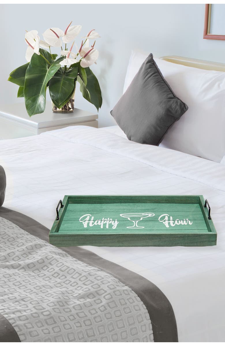 LALIA HOME Decorative Wood Serving Tray with Handles - 15.5" x 12" - "Happy Hour", Alternate, color, Aqua Wash