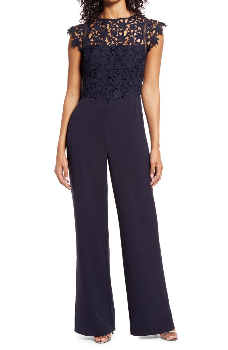 Eliza J Lace Bodice Jumpsuit, Main, color, Navy