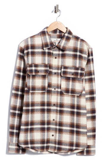 Rainforest Woodhaven Plaid Flannel Shirt In White/ Brown Plaid