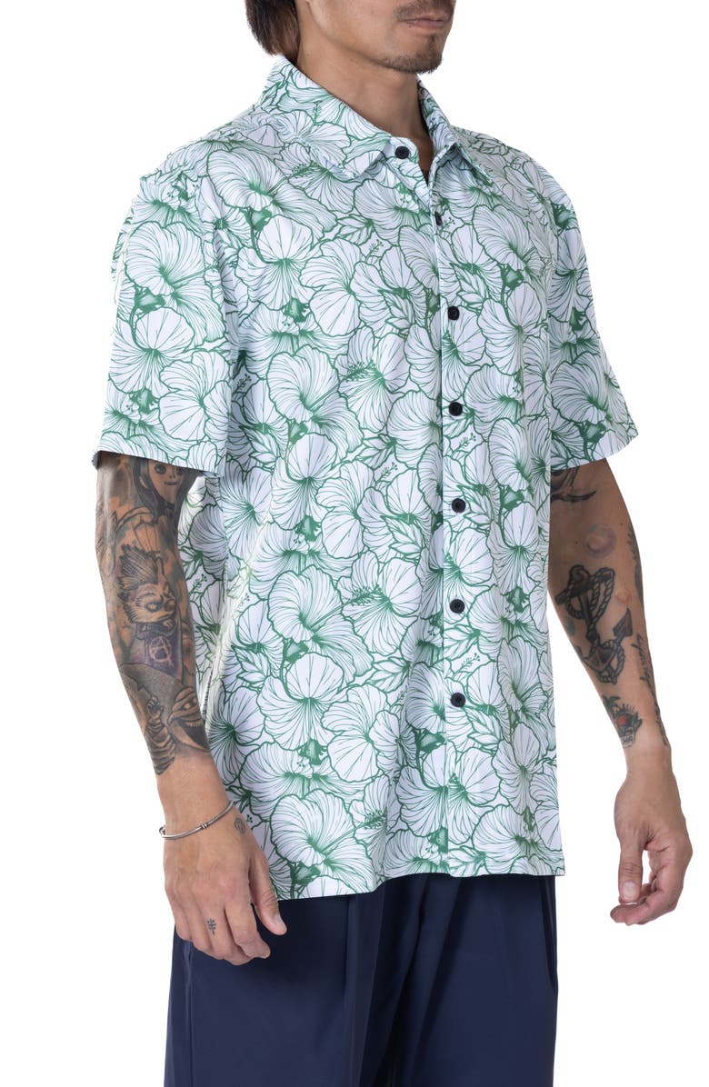 VAST Hibiscus Print Floral Short Sleeve Performance Button-Up Shirt, Alternate, color, Green