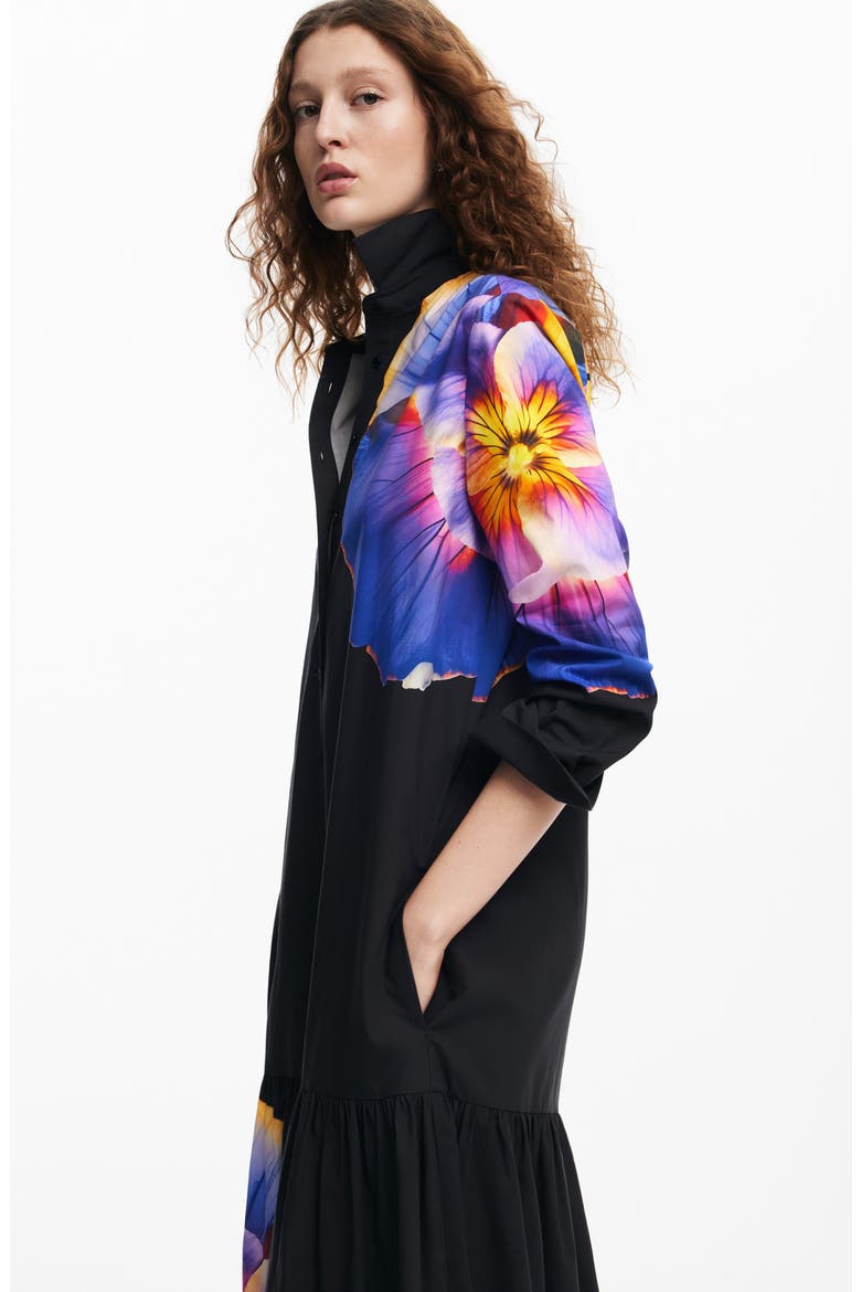 Pensamiento Floral Print Long Sleeve Shirtdress, Alternate, color, BLACK