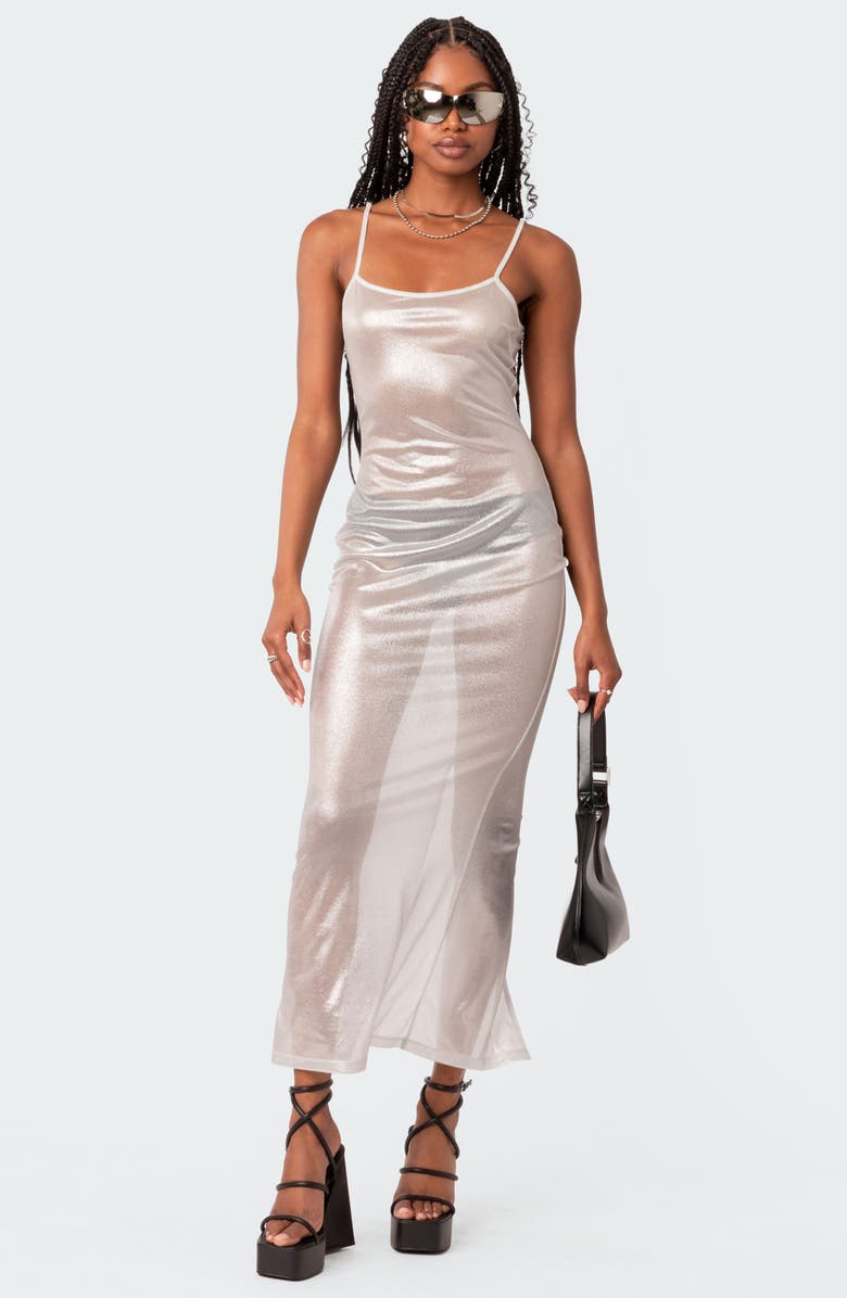 EDIKTED Nyla Sheer Metallic Cotton Slipdress, Alternate, color,
