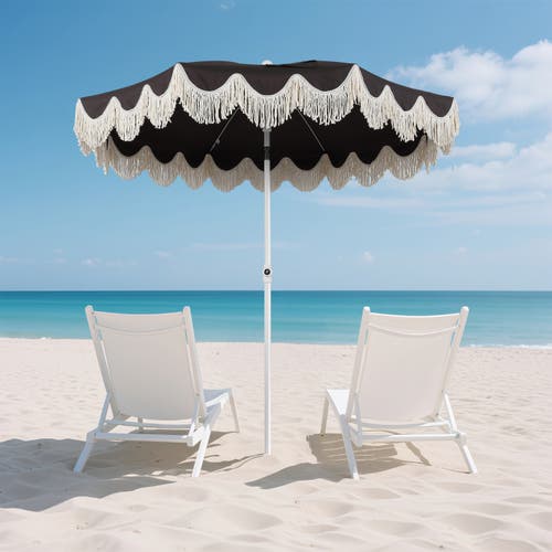 Jonathan Y Mariner 6.5 Ft. Classic Cottage Fringe Tassel Market Beach Umbrella With Push Button Tilt In Brown