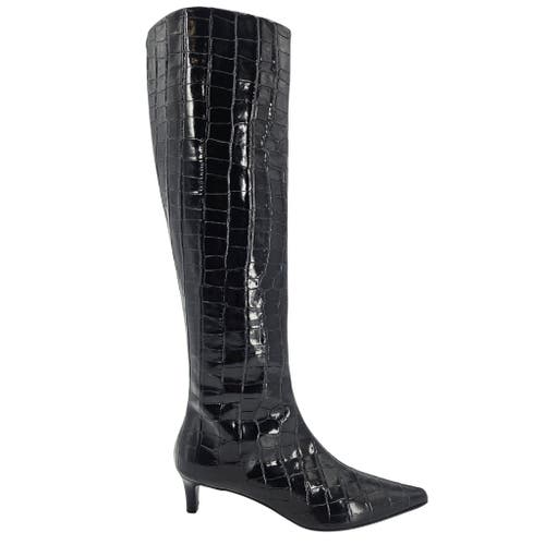 Madison Maison Tall Moc Croc Pointy Toe Kitten Heel Boot In Black