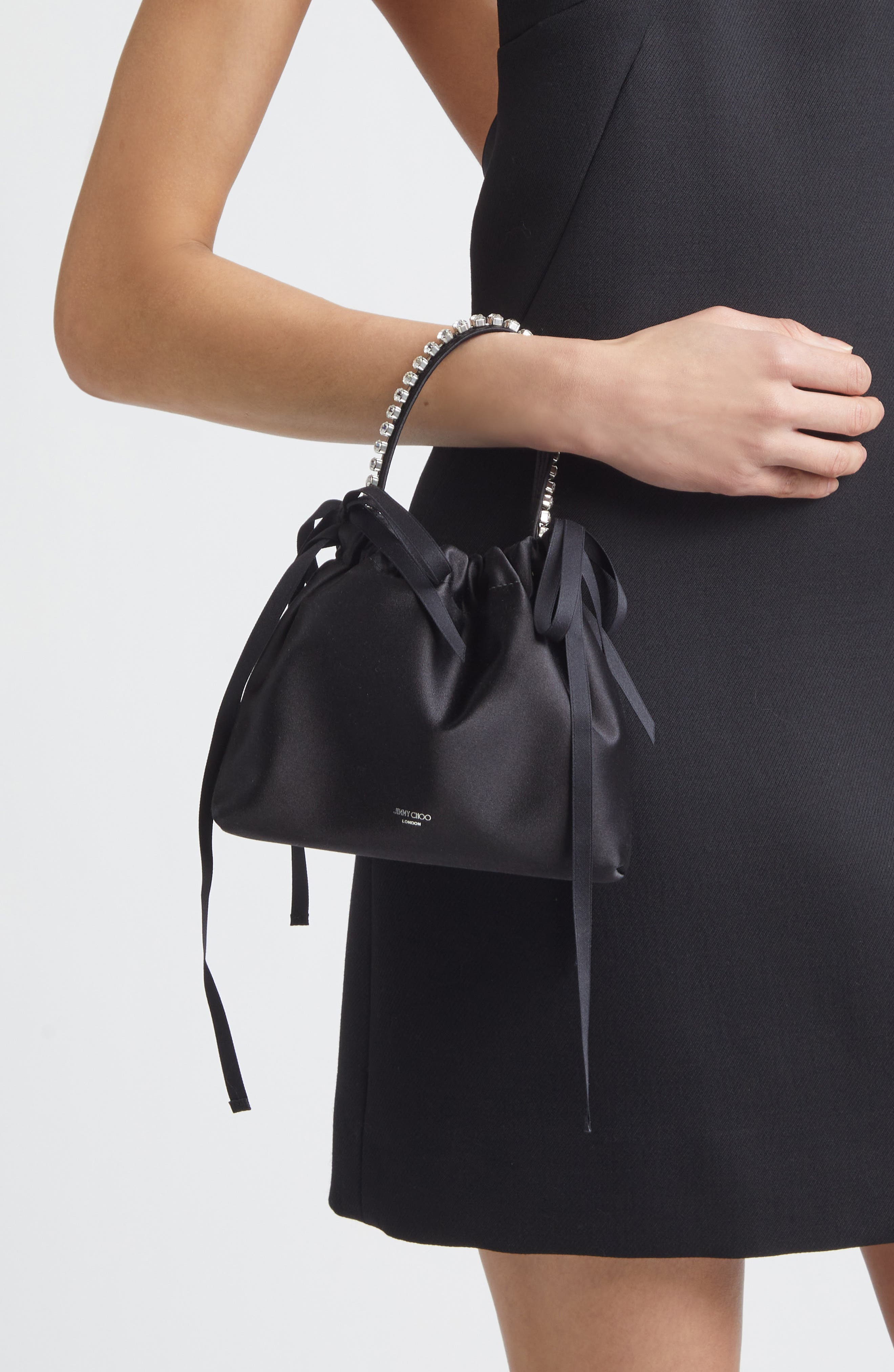 Jimmy Choo Mini Drawstring Top Handle Bag, Alternate, color, Black/ Black/ Silver