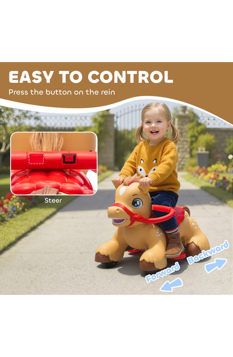 Qaba 12V Ride On Horse Toy Battery Powered Ride on Toy with Carrot Toy Comb and Sound Electric Rocking Horse for Toddlers, Alternate, color, Brown