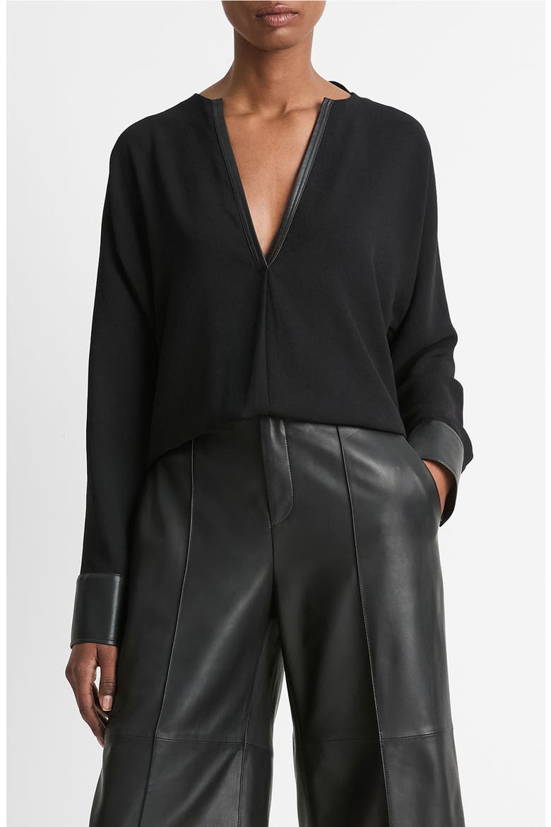 Faux Leather Trim Dolman Sleeve Top, Main, color, BLACK