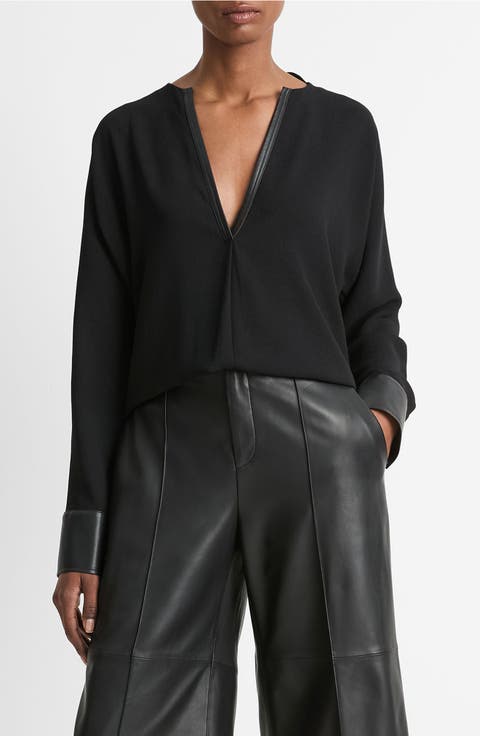 Faux Leather Trim Dolman Sleeve Top