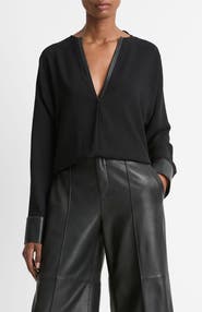 Vince Faux Leather Trim Dolman Sleeve Top