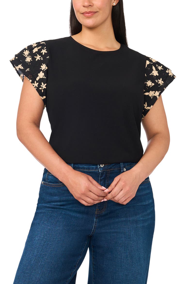 Eyelet Tiered Ruffle Sleeve Stretch Crepe Top, Alternate, color, RICH BLACK