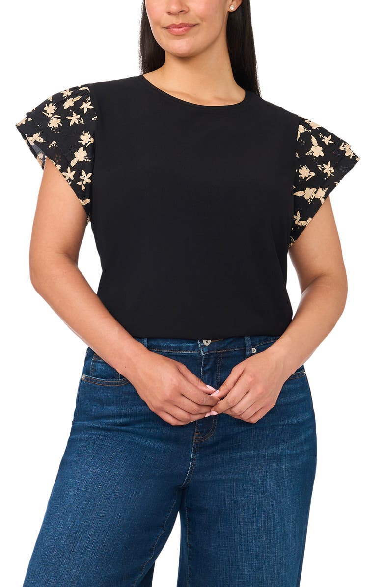 CeCe Eyelet Tiered Ruffle Sleeve Stretch Crepe Top, Alternate, color, Rich Black