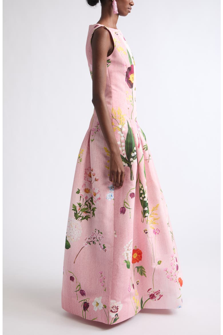 Mixed Botanical Print Sleeveless Faille Gown, Alternate, color, BLUSH MULTI