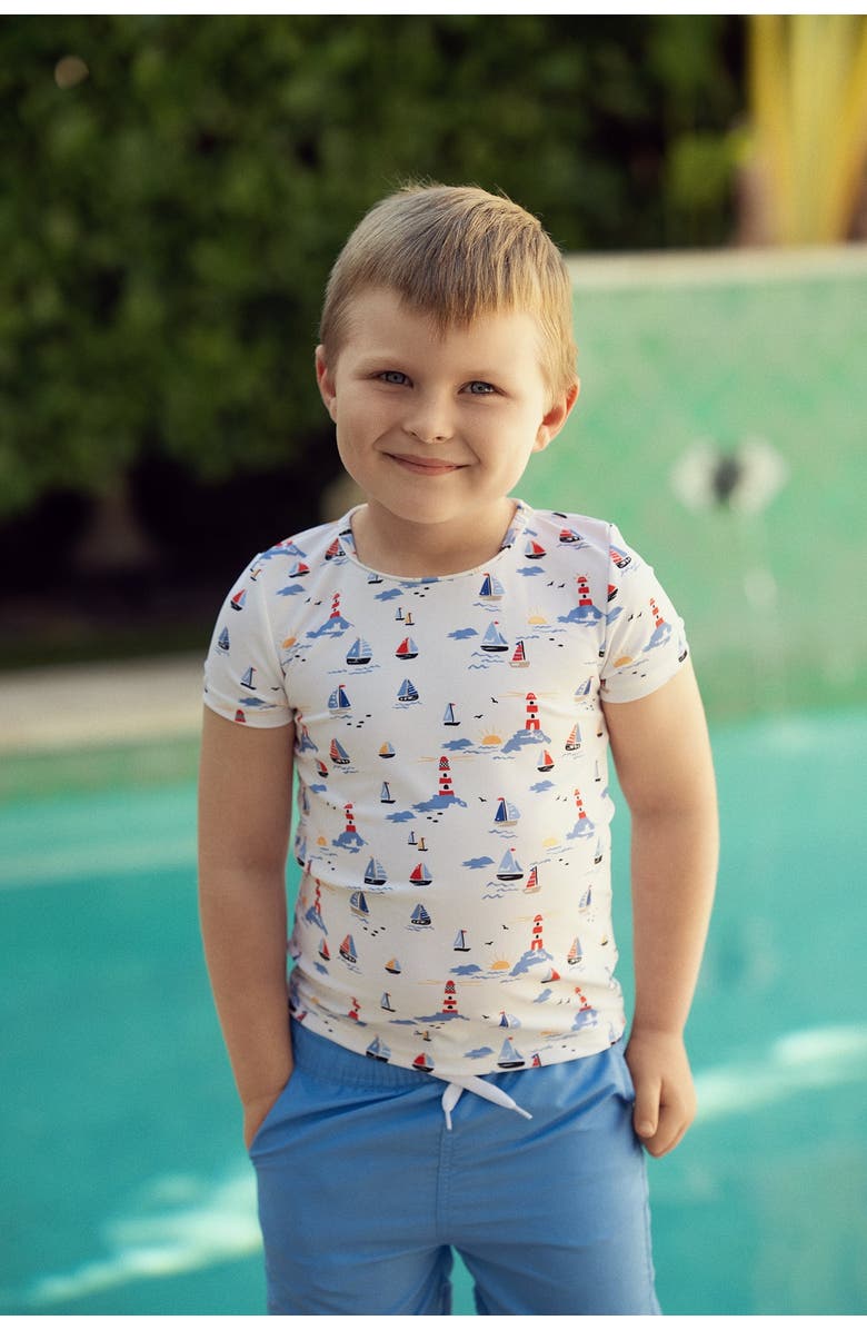 Sunburnt Sail Boat Short Sleeve Swim Top and Elastic Waist Shorts Two Piece Swimsuit Set, Alternate, color, Blue