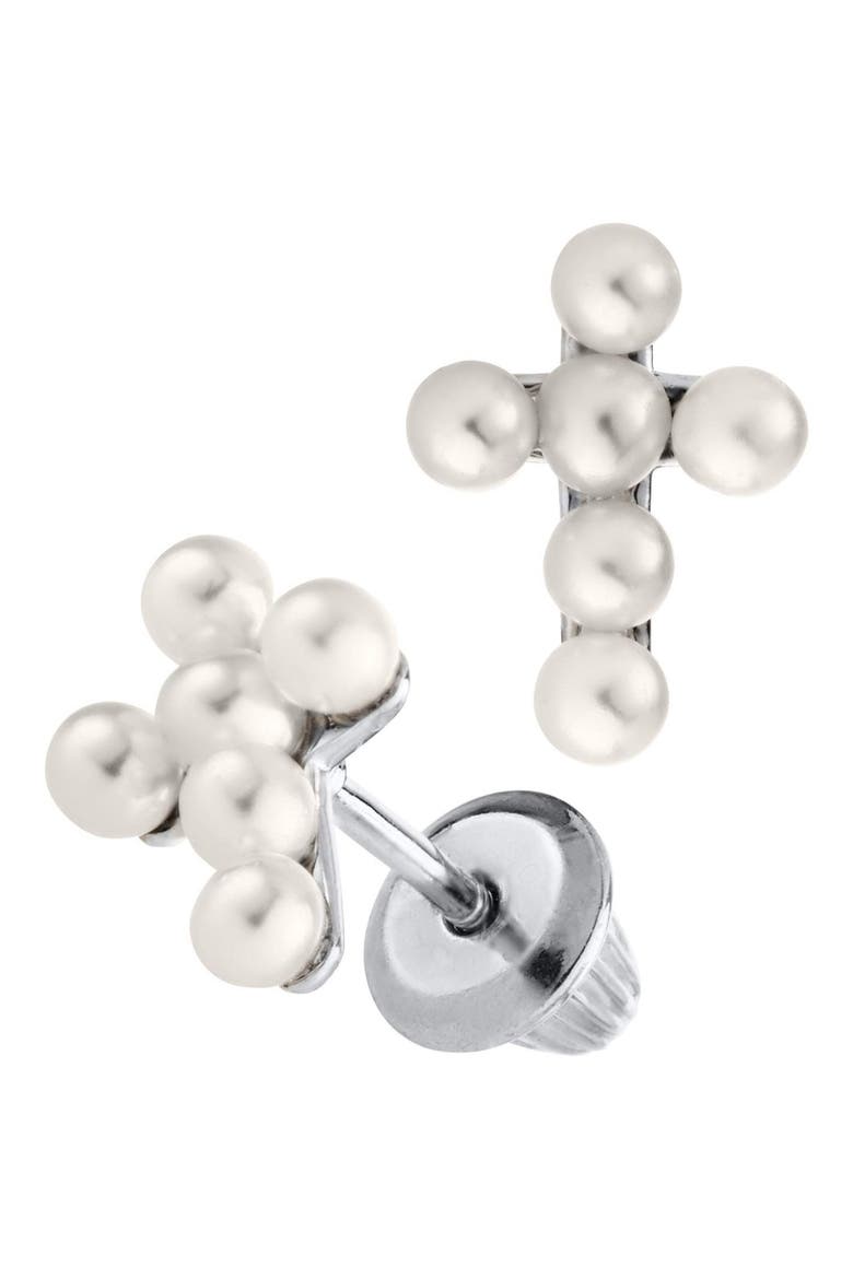 Cultured Pearl Cross Earrings, Alternate, color, SILVER
