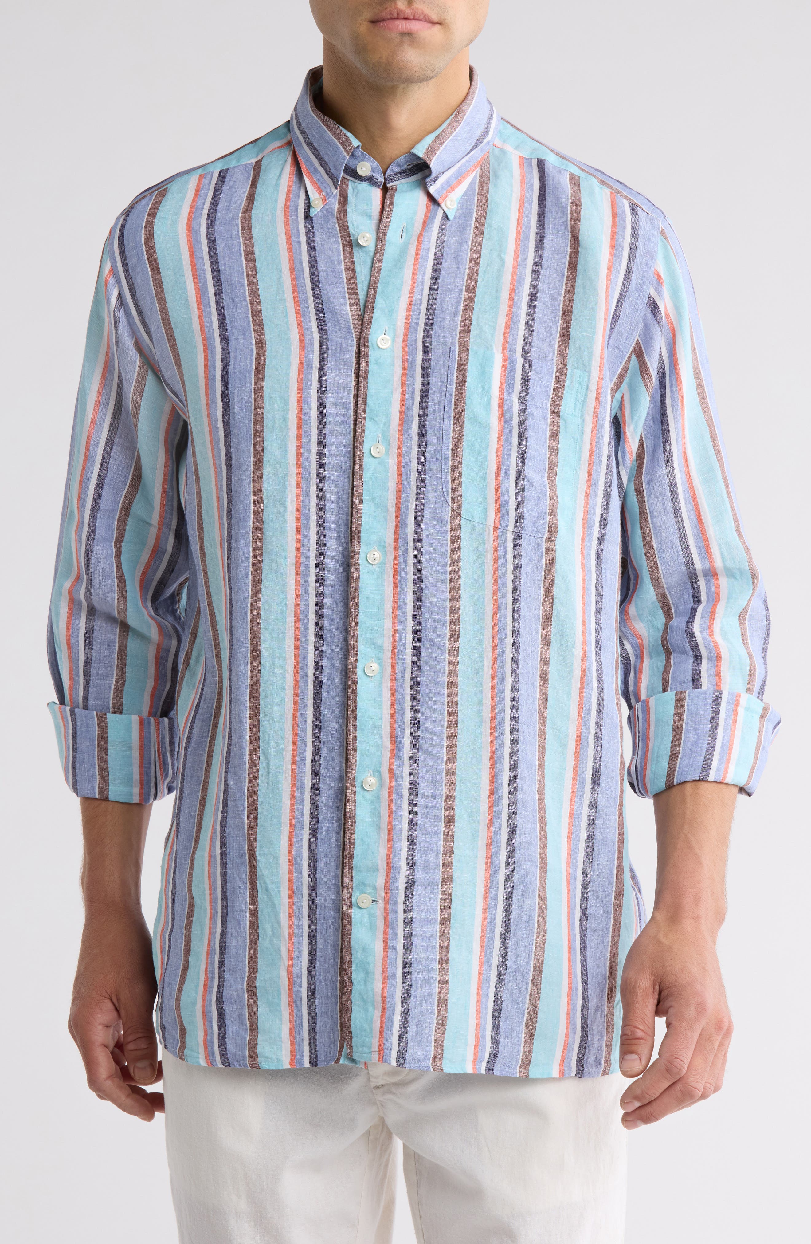 Eton Contemporary Fit Stripe Linen Button-Down Shirt (Men) | Nordstromrack