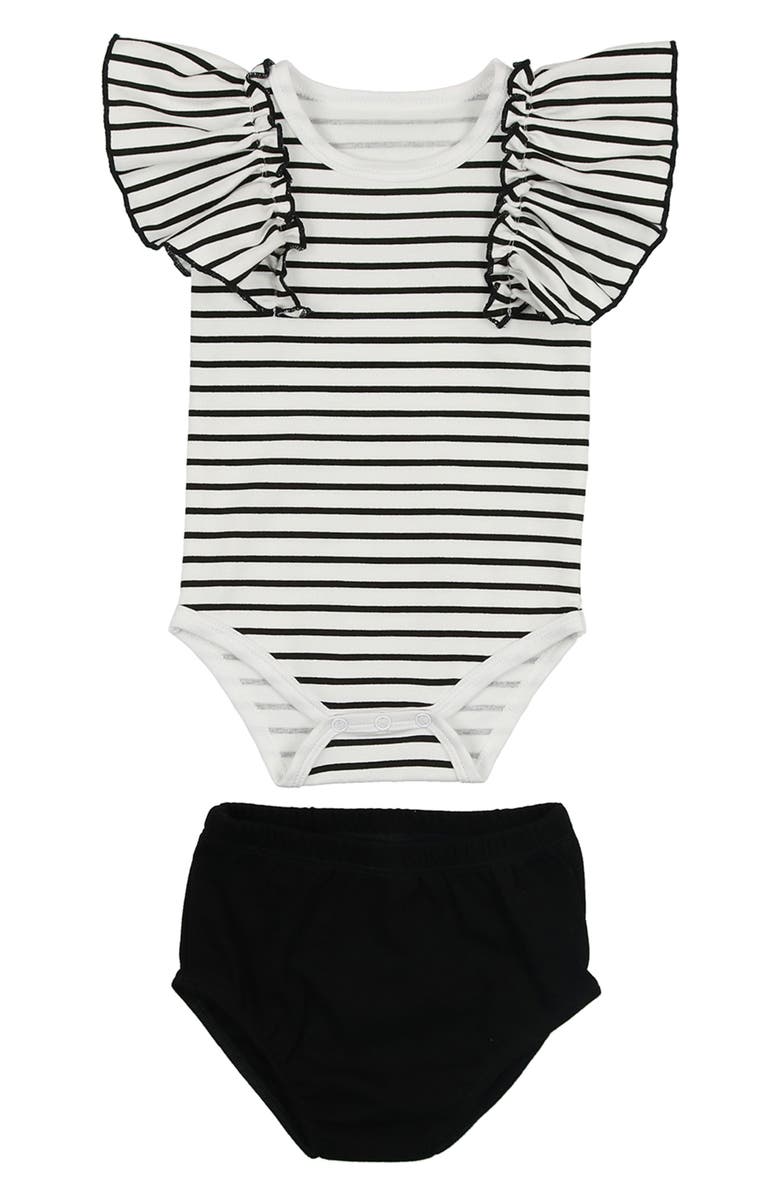 Manière Flutter Sleeve Bodysuit & Bloomers Set, Main, color, Black
