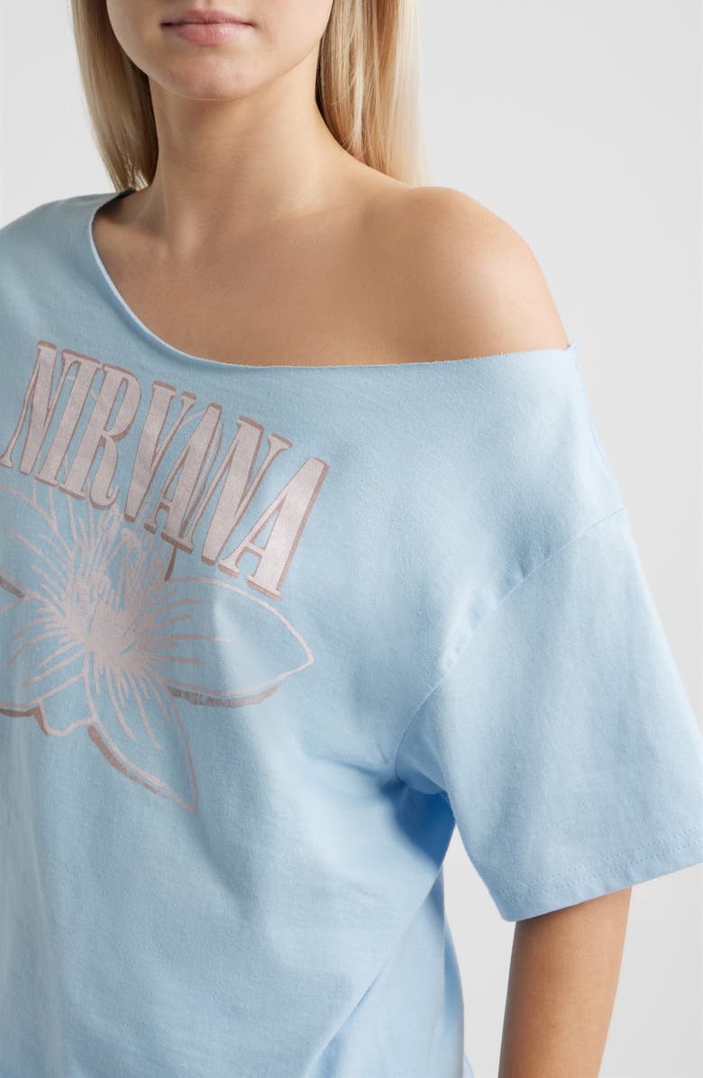 Merch Traffic Nirvana Graphic Print Off the Shoulder Cotton T-Shirt, Alternate, color, Blue