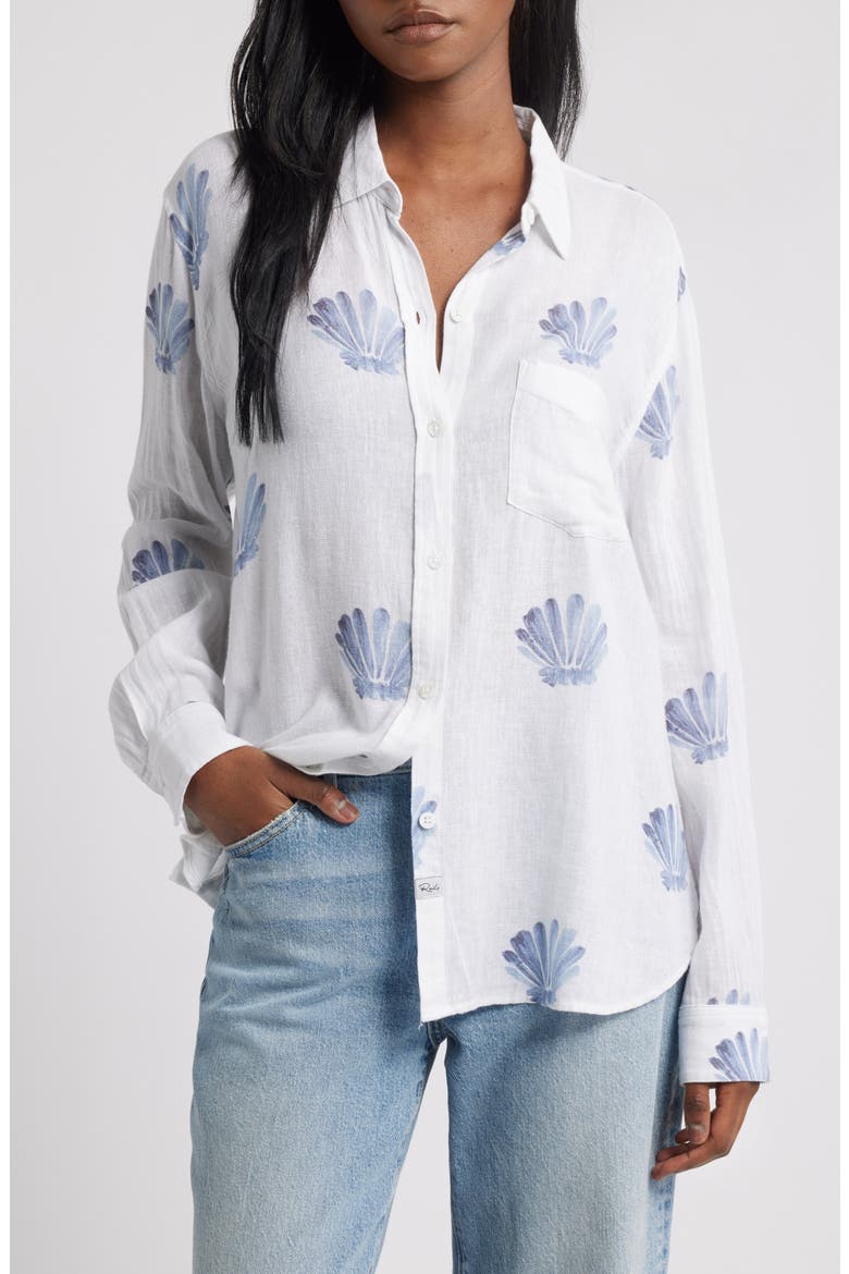 Charli Seashell Print Linen Blend Button-Up Shirt, Main, color, BLUE SEASHELLS